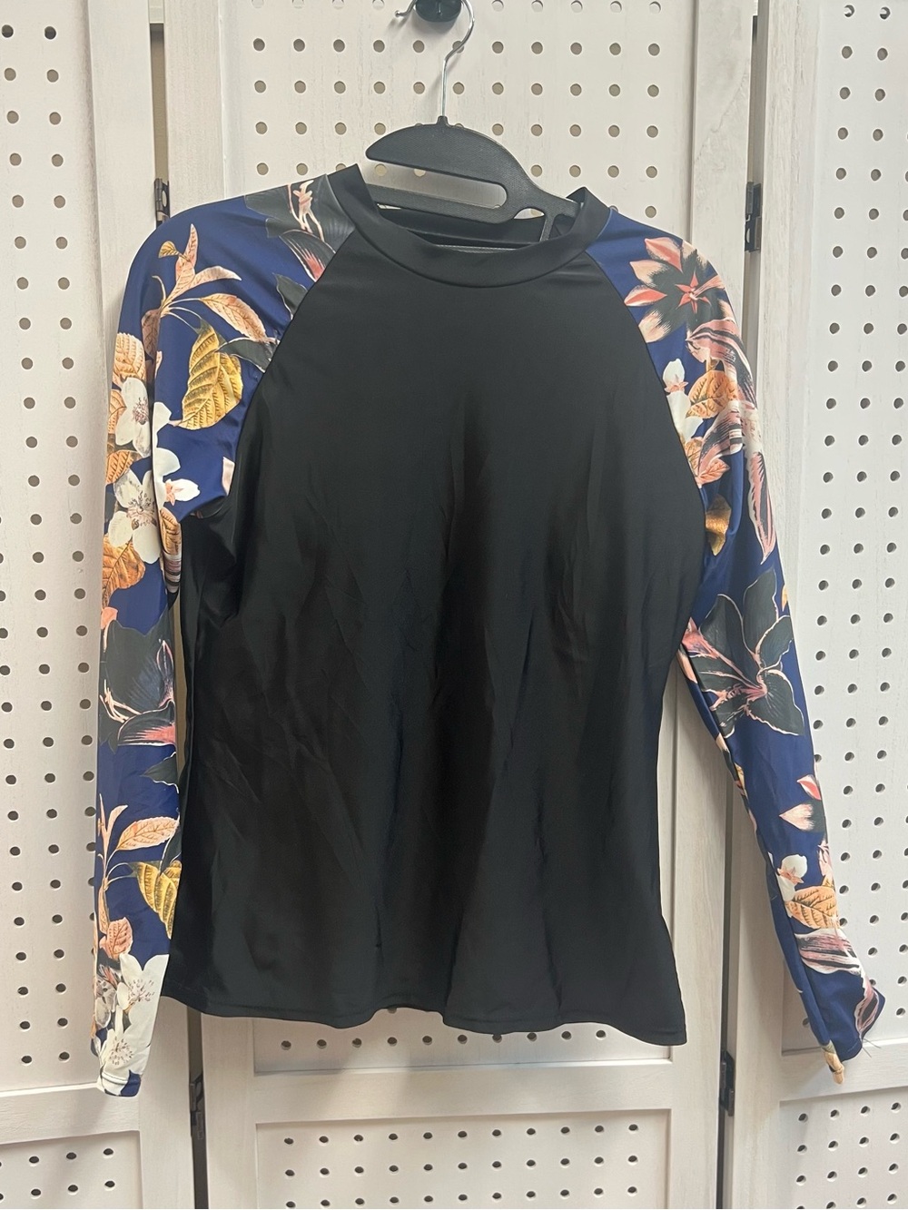 Black Raglan Rash Guard Top with Blue Floral Sleeves - Picture 2 of 3